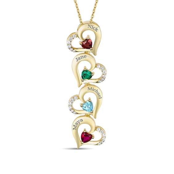 Mother's Birthstone and Lab-Created White Sapphire Engravable Zig-Zag Stacked Hearts Pendant (2-4 Stones and Names)