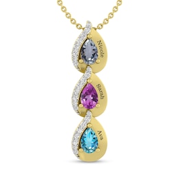 Mother's Pear-Shaped Birthstone and Lab-Created White Sapphire Triple Teardrop Pendant (3 Stones and Names)