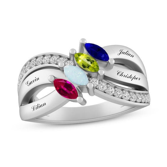 Mother's Birthstone and Lab-Created White Sapphire Triple Row Criss-Cross Split Shank Ring (2-4 Stones and Names)