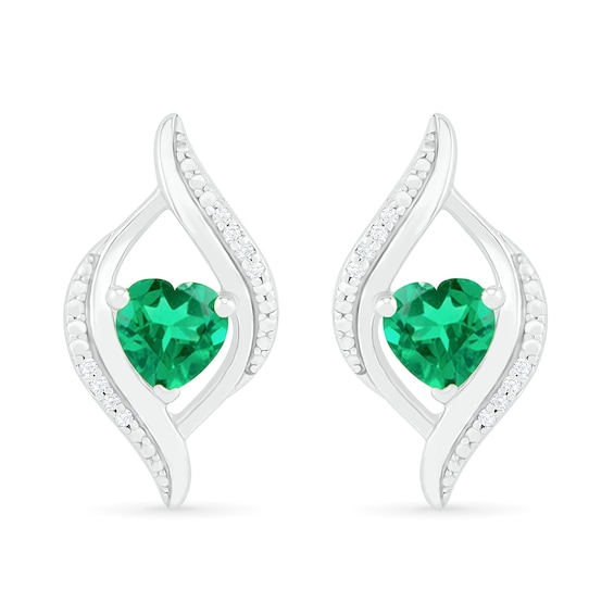 Heart-Shaped Lab-Created Emerald and 1/20 CT. T.W. Diamond Open Flame Stud Earrings in Sterling Silver Heart-Shaped Lab-Created Emerald and 1/20 CT. T.W. Diamond Open Flame Stud Earrings in Sterling Silver