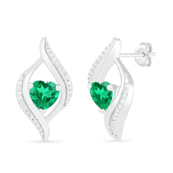 Heart-Shaped Lab-Created Emerald and 1/20 CT. T.W. Diamond Open Flame Stud Earrings in Sterling Silver Heart-Shaped Lab-Created Emerald and 1/20 CT. T.W. Diamond Open Flame Stud Earrings in Sterling Silver