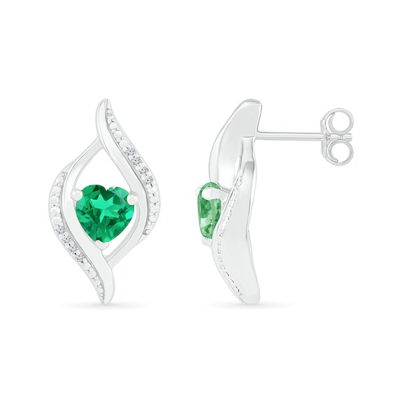 Heart-Shaped Lab-Created Emerald and 1/20 CT. T.W. Diamond Open Flame Stud Earrings in Sterling Silver Heart-Shaped Lab-Created Emerald and 1/20 CT. T.W. Diamond Open Flame Stud Earrings in Sterling Silver