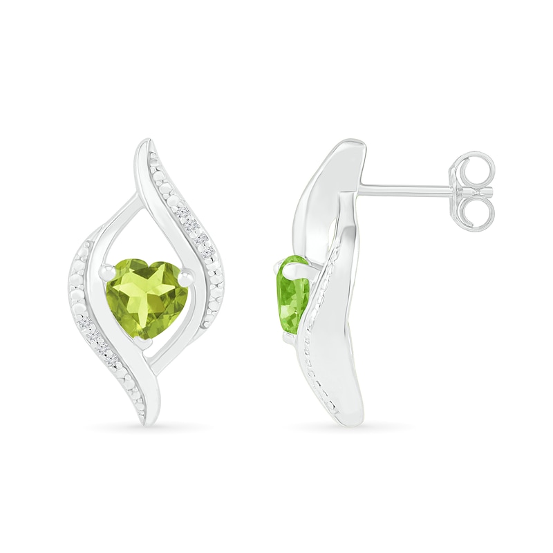Heart-Shaped Peridot and 1/20 CT. T.W. Diamond Open Flame Stud Earrings in Sterling Silver