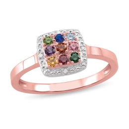 Mother's Birthstone and Diamond Accent Bead Frame Square Cluster Ring (9 Stones)