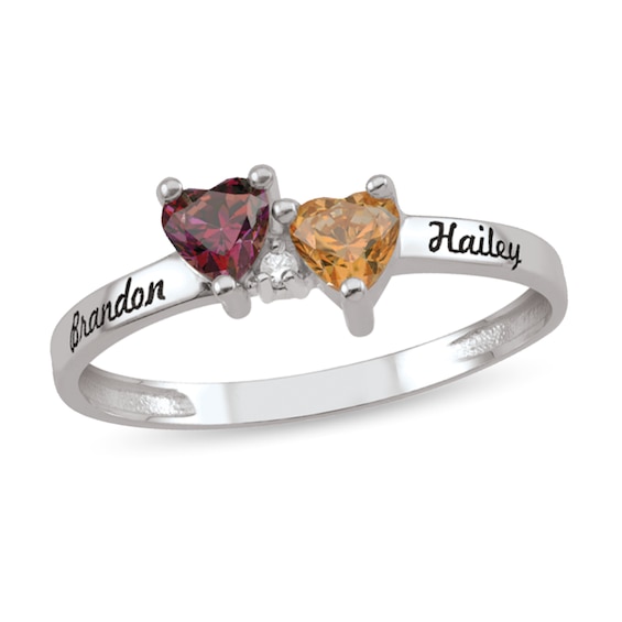 Couple's 4.0mm Heart-Shaped Birthstone and Diamond Accent Engravable Ring (2 Stones and Names)