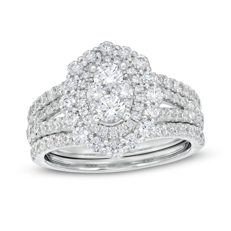 Main Image 1 of 1-3/4 CT. T.W. Composite Diamond Ornate Frame Split Shank Three Piece Bridal Set in 14K White Gold
