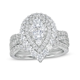 1-7/8 CT. T.W. Composite Diamond Double Pear-Shaped Frame Three Piece Bridal Set in 14K White Gold