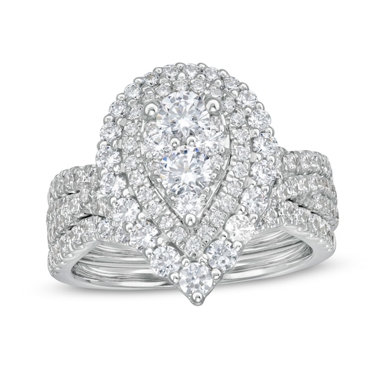 1-7/8 CT. T.w. Composite Diamond Double Pear-Shaped Frame Three Piece Bridal Set in 14K White Gold