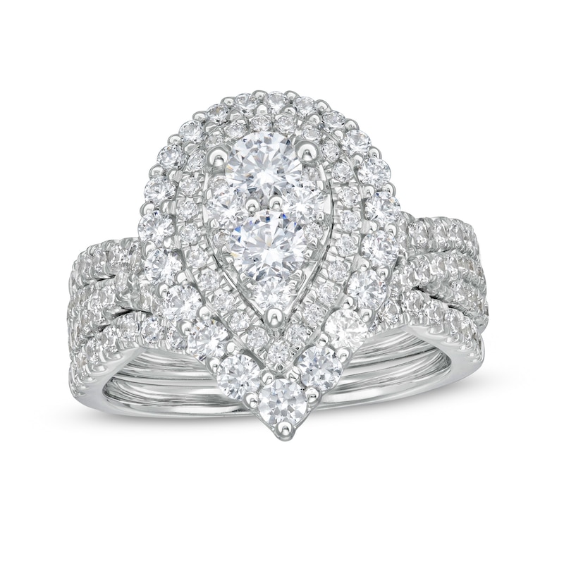 Main Image 1 of 1-7/8 CT. T.W. Composite Diamond Double Pear-Shaped Frame Three Piece Bridal Set in 14K White Gold