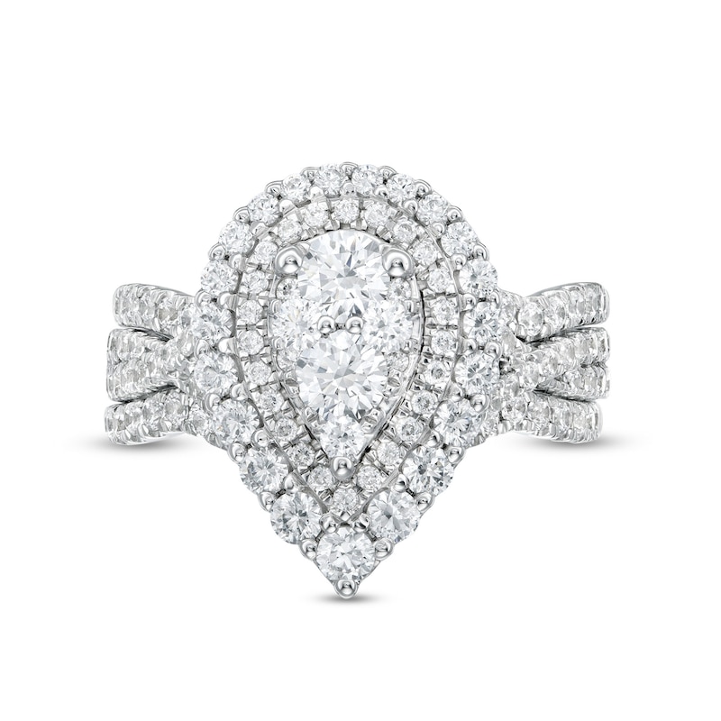 Main Image 4 of 1-7/8 CT. T.W. Composite Diamond Double Pear-Shaped Frame Three Piece Bridal Set in 14K White Gold