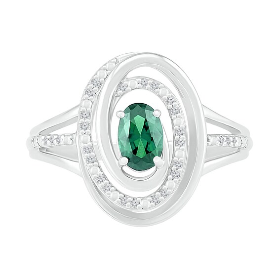 Oval Emerald and 1/15 CT. T.W. Diamond Beaded Open Swirl Frame Triple Row Split Shank Ring in Sterling Silver Oval Emerald and 1/15 CT. T.W. Diamond Beaded Open Swirl Frame Triple Row Split Shank Ring in Sterling Silver