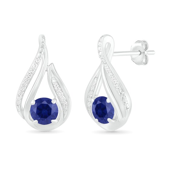 5.0mm Lab-Created Blue Sapphire and 1/15 CT. T.W. Diamond Beaded Open Flame Stud Earrings in Sterling Silver 5.0mm Lab-Created Blue Sapphire and 1/15 CT. T.W. Diamond Beaded Open Flame Stud Earrings in Sterling Silver