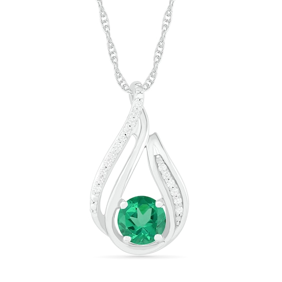 6.0mm Lab-Created Emerald and 1/15 CT. T.w. Diamond Beaded Open Flame Pendant in Sterling Silver