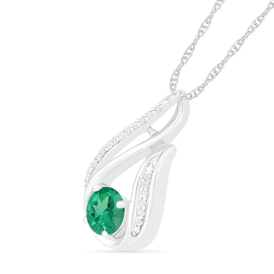 6.0mm Lab-Created Emerald and 1/15 CT. T.w. Diamond Beaded Open Flame Pendant in Sterling Silver