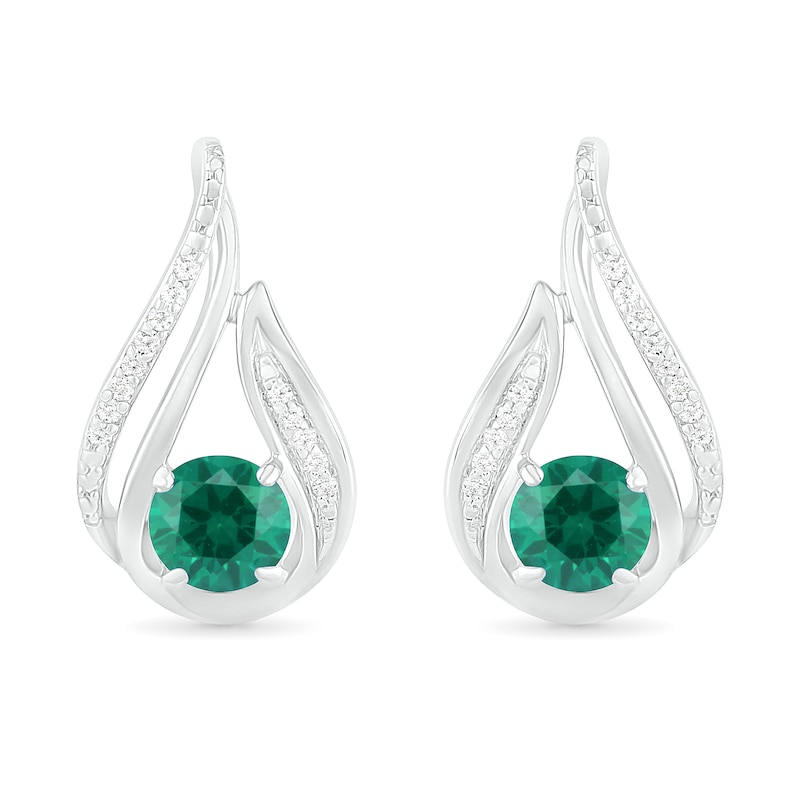 5.0mm Lab-Created Emerald and 1/15 CT. T.W. Diamond Beaded Open Flame Stud Earrings in Sterling Silver