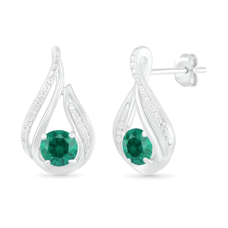 5.0mm Lab-Created Emerald and 1/15 CT. T.W. Diamond Beaded Open Flame Stud Earrings in Sterling Silver