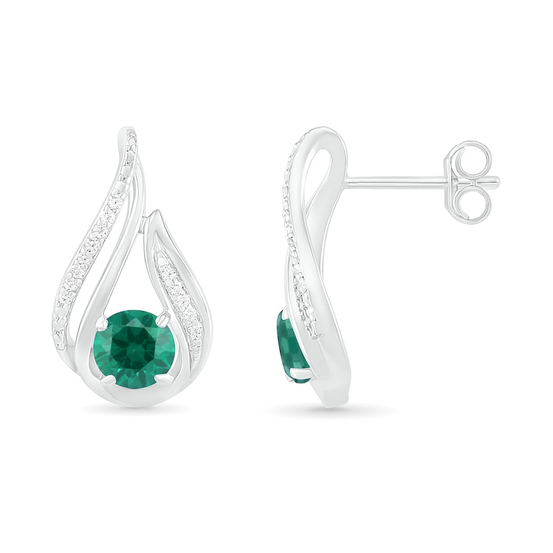 5.0mm Lab-Created Emerald and 1/15 CT. T.W. Diamond Beaded Open Flame Stud Earrings in Sterling Silver