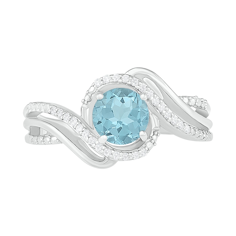 6.0mm Aquamarine and 1/15 CT. T.W. Diamond Beaded Triple Row Bypass Twist Shank Ring in Sterling Silver