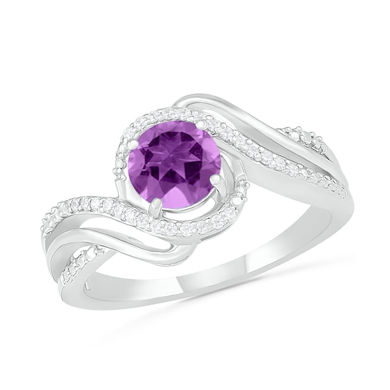 6.0mm Amethyst and 1/15 CT. T.W. Diamond Beaded Triple Row Bypass Twist Shank Ring in Sterling Silver 6.0mm Amethyst and 1/15 CT. T.W. Diamond Beaded Triple Row Bypass Twist Shank Ring in Sterling Silver