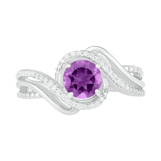6.0mm Amethyst and 1/15 CT. T.W. Diamond Beaded Triple Row Bypass Twist Shank Ring in Sterling Silver 6.0mm Amethyst and 1/15 CT. T.W. Diamond Beaded Triple Row Bypass Twist Shank Ring in Sterling Silver