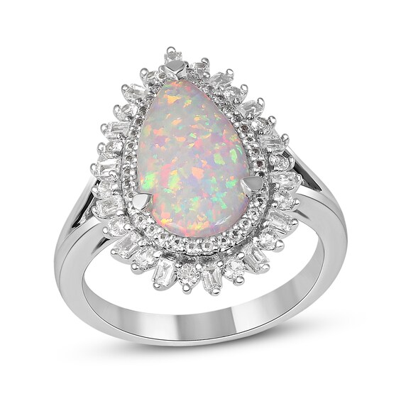 Pear-Shaped Lab-Created Opal and White Sapphire Double Shadow Frame Split Shank Ring in Sterling Silver Pear-Shaped Lab-Created Opal and White Sapphire Double Shadow Frame Split Shank Ring in Sterling Silver