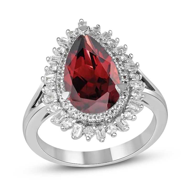 Main Image 1 of Pear-Shaped Garnet and White Lab-Created Sapphire Double Shadow Frame Split Shank Ring in Sterling Silver