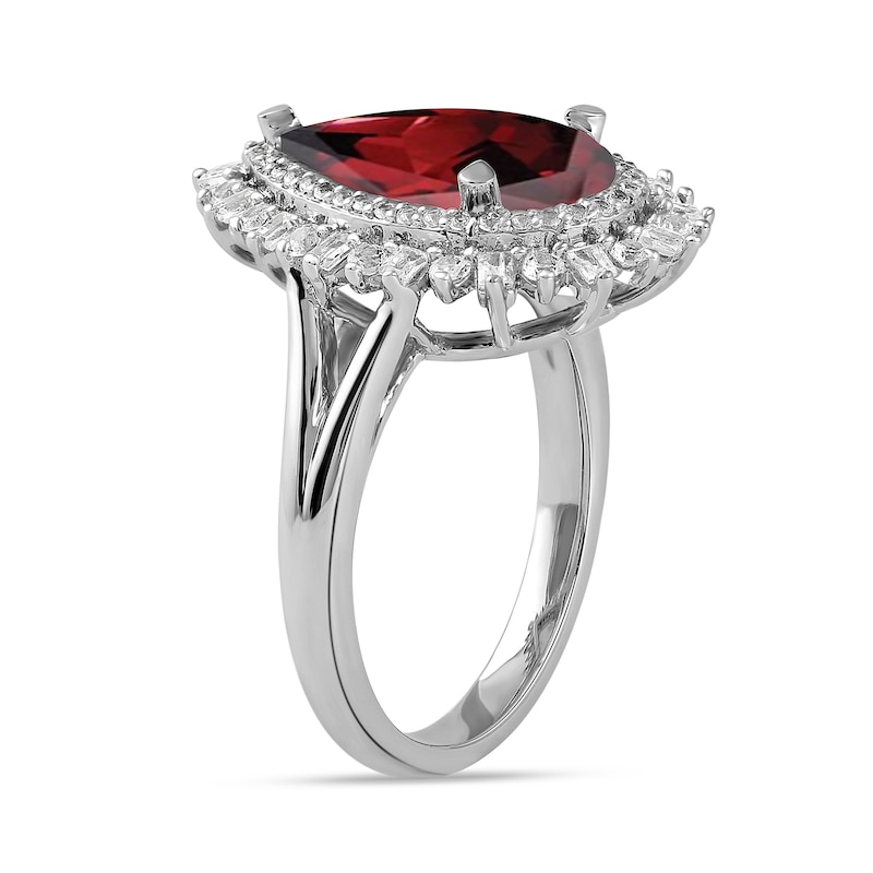 Main Image 2 of Pear-Shaped Garnet and White Lab-Created Sapphire Double Shadow Frame Split Shank Ring in Sterling Silver