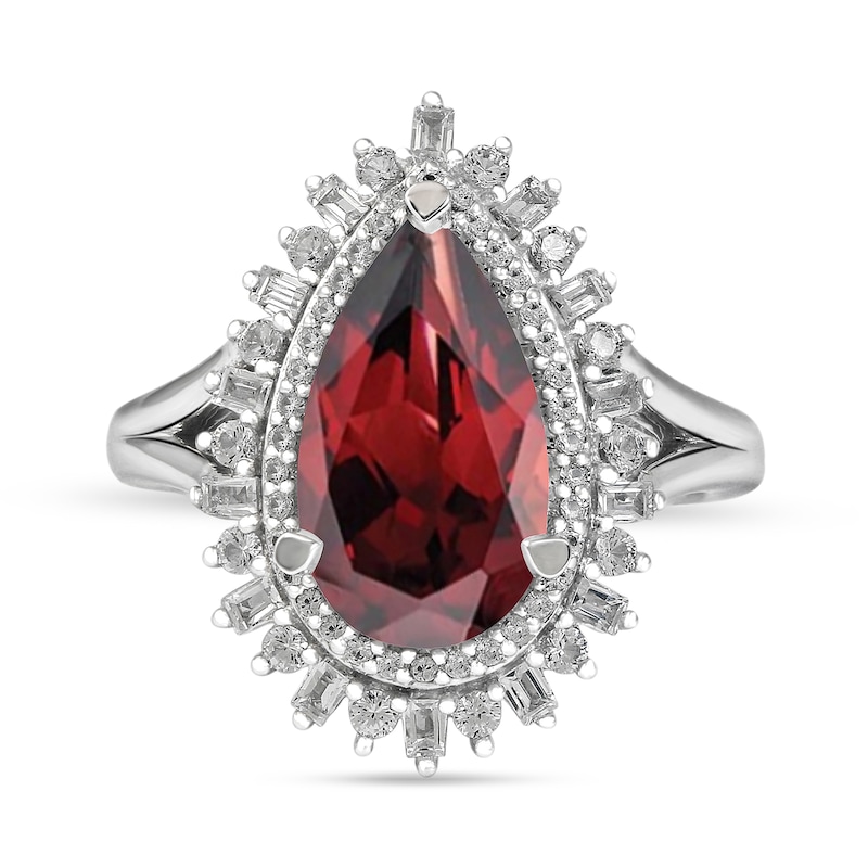 Main Image 3 of Pear-Shaped Garnet and White Lab-Created Sapphire Double Shadow Frame Split Shank Ring in Sterling Silver