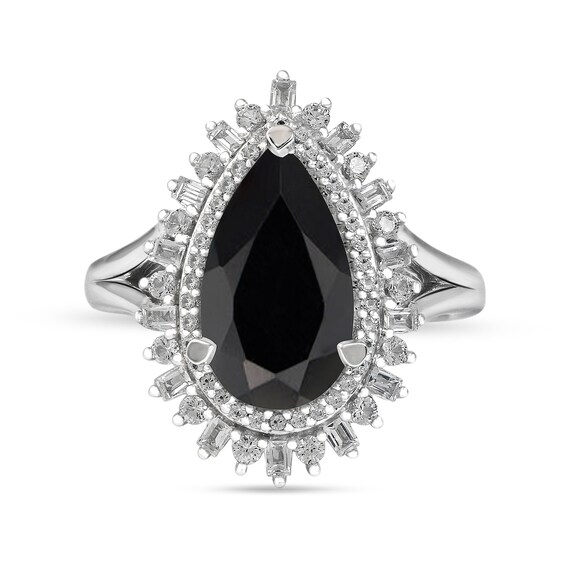 Pear-Shaped Onyx and Lab-Created White Sapphire Double Shadow Frame Split Shank Ring in Sterling Silver Pear-Shaped Onyx and Lab-Created White Sapphire Double Shadow Frame Split Shank Ring in Sterling Silver