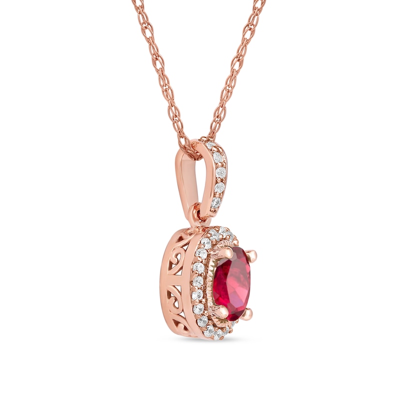 Main Image 2 of Oval Ruby and 1/20 CT. T.W. Diamond Framed Vintage-Style Drop Pendant in 10K Rose Gold