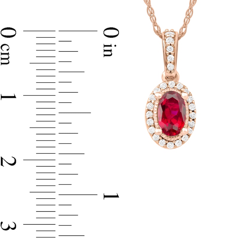 Main Image 5 of Oval Ruby and 1/20 CT. T.W. Diamond Framed Vintage-Style Drop Pendant in 10K Rose Gold