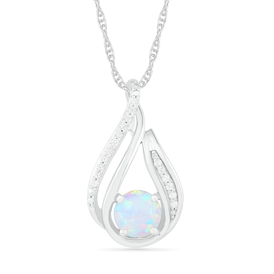 6.0mm Lab-Created Opal and 1/15 CT. T.w. Diamond Beaded Open Flame Pendant in Sterling Silver
