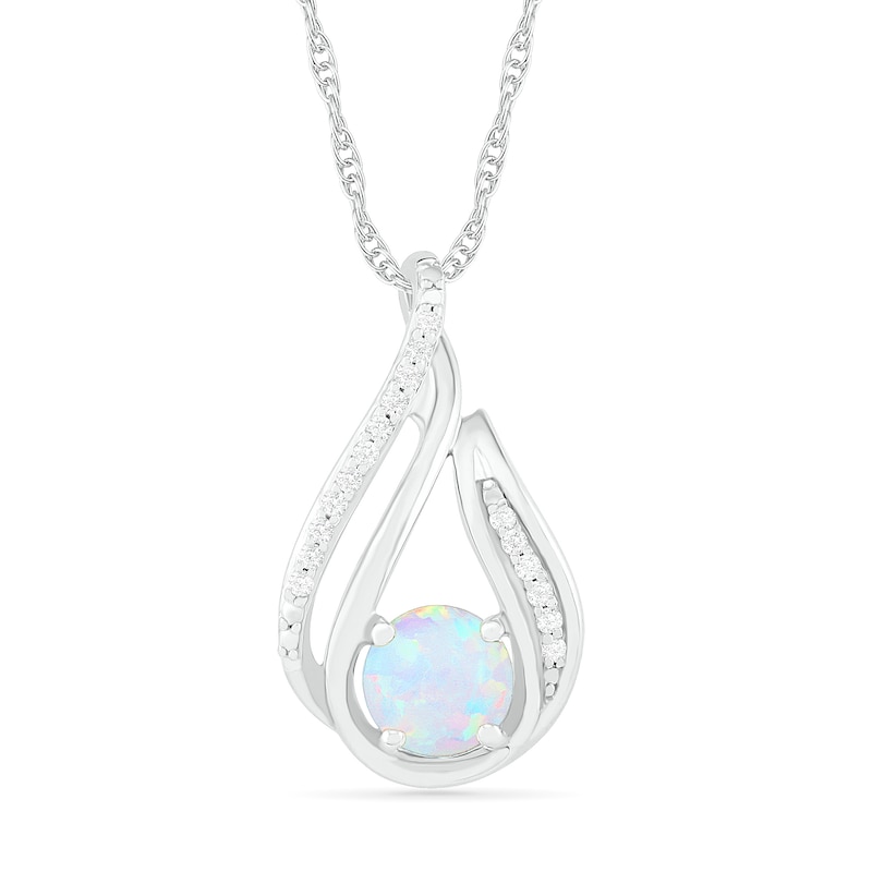 6.0mm Lab-Created Opal and 1/15 CT. T.W. Diamond Beaded Open Flame Pendant in Sterling Silver