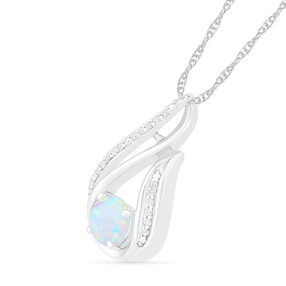 6.0mm Lab-Created Opal and 1/15 CT. T.w. Diamond Beaded Open Flame Pendant in Sterling Silver
