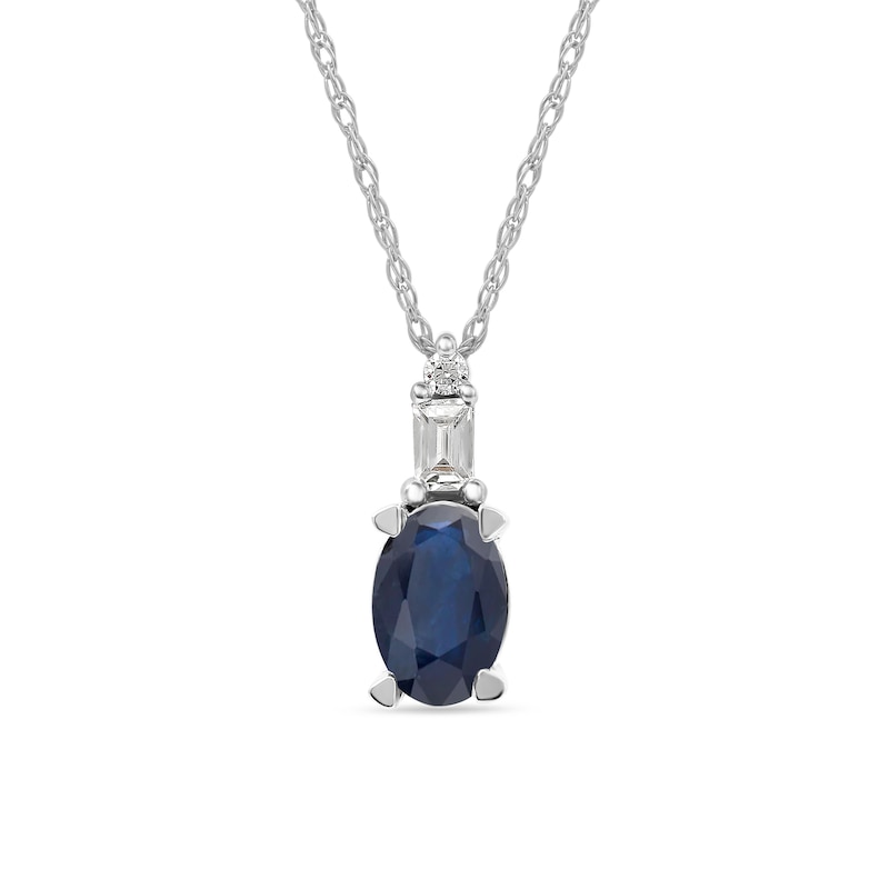 Main Image 1 of Oval Blue Sapphire and 1/20 CT. T.W. Baguette and Round Diamond Stacked Top Accent Pendant in 10K White Gold