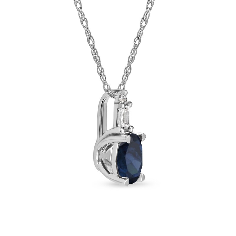 Main Image 2 of Oval Blue Sapphire and 1/20 CT. T.W. Baguette and Round Diamond Stacked Top Accent Pendant in 10K White Gold