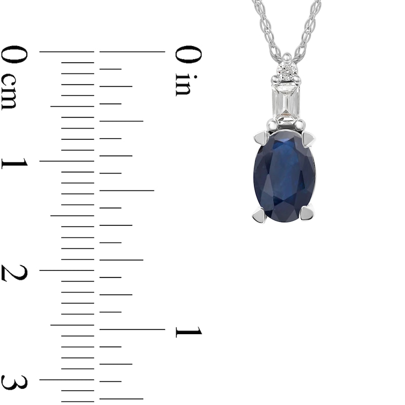 Main Image 5 of Oval Blue Sapphire and 1/20 CT. T.W. Baguette and Round Diamond Stacked Top Accent Pendant in 10K White Gold