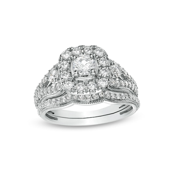 1-1/2 CT. T.w. Diamond Cushion Frame Vintage-Style Bridal Set in 14K White Gold