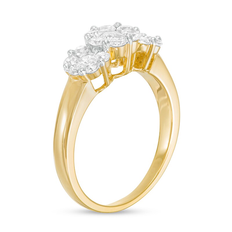 Main Image 3 of 1 CT. T.W. Diamond Three Stone Flower Frame Ring in 10K Gold