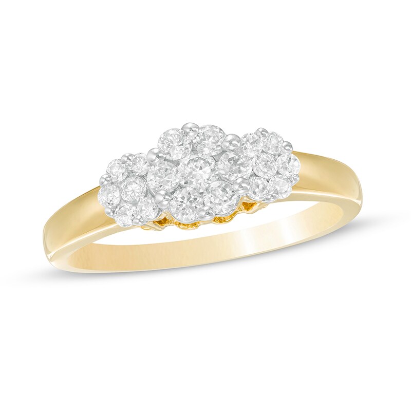 Main Image 1 of 1/2 CT. T.W. Diamond Three Stone Flower Frame Ring in 10K Gold