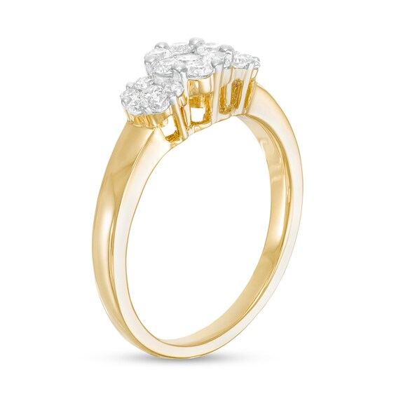1/2 CT. T.w. Diamond Three Stone Flower Frame Ring in 10K Gold