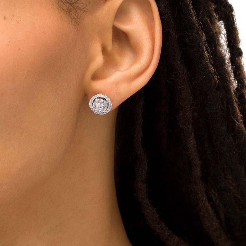Main Image 2 of 1 CT. T.W. Multi-Diamond Frame Tiered Stud Earrings in 10K White Gold
