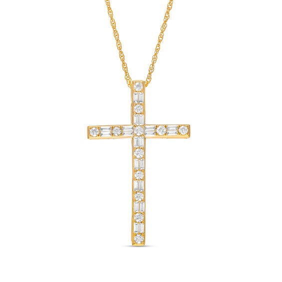 1/2 CT. T.w. Baguette and Round Diamond Cross Pendant in 10K Gold