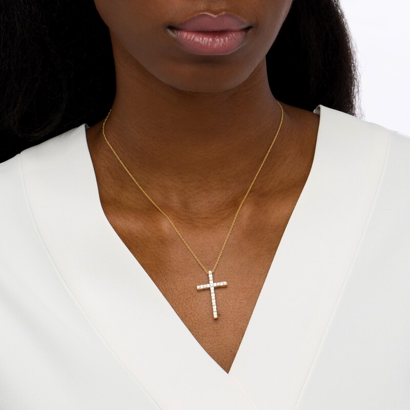 Main Image 2 of 1/2 CT. T.W. Baguette and Round Diamond Cross Pendant in 10K Gold