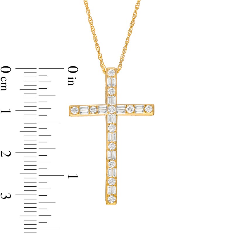 Main Image 3 of 1/2 CT. T.W. Baguette and Round Diamond Cross Pendant in 10K Gold
