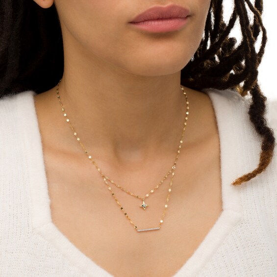 1/10 CT. T.w. Diamond Bar and Star Double Strand Necklace in 10K Gold - 20"