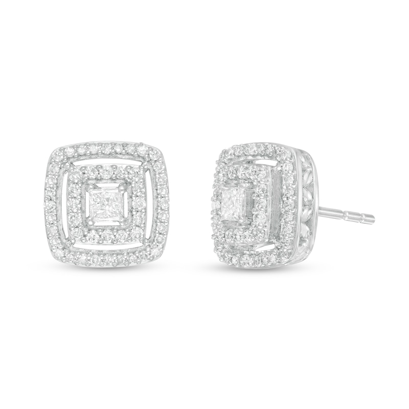 Main Image 1 of 1/2 CT. T.W. Princess-Cut Diamond Double Frame Stud Earrings in 10K White Gold