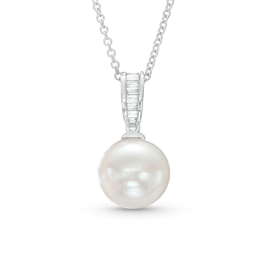 Effyâ¢ Collection 10.0mm Freshwater Cultured Pearl and 1/15 CT. T.w. Baguette Diamond Drop Pendant in 14K White Gold