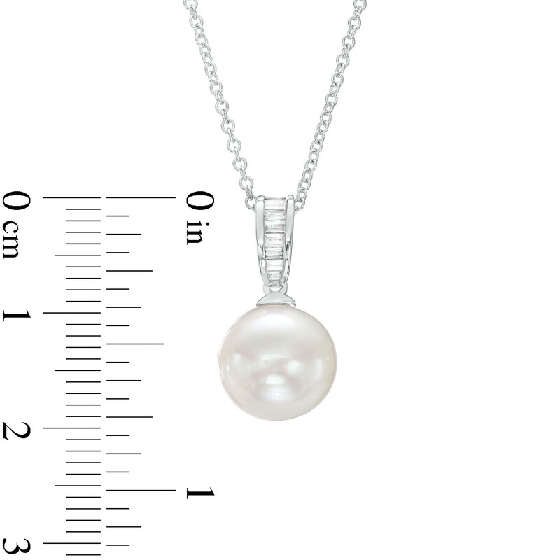Main Image 3 of EFFY™ Collection 10.0mm Freshwater Cultured Pearl and 1/15 CT. T.W. Baguette Diamond Drop Pendant in 14K White Gold