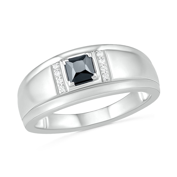 Men's 4.0mm Square-Cut Black Spinel and 1/20 CT. T.W. Diamond Collar Stepped Edge Ring in Sterling Silver Men's 4.0mm Square-Cut Black Spinel and 1/20 CT. T.W. Diamond Collar Stepped Edge Ring in Sterling Silver